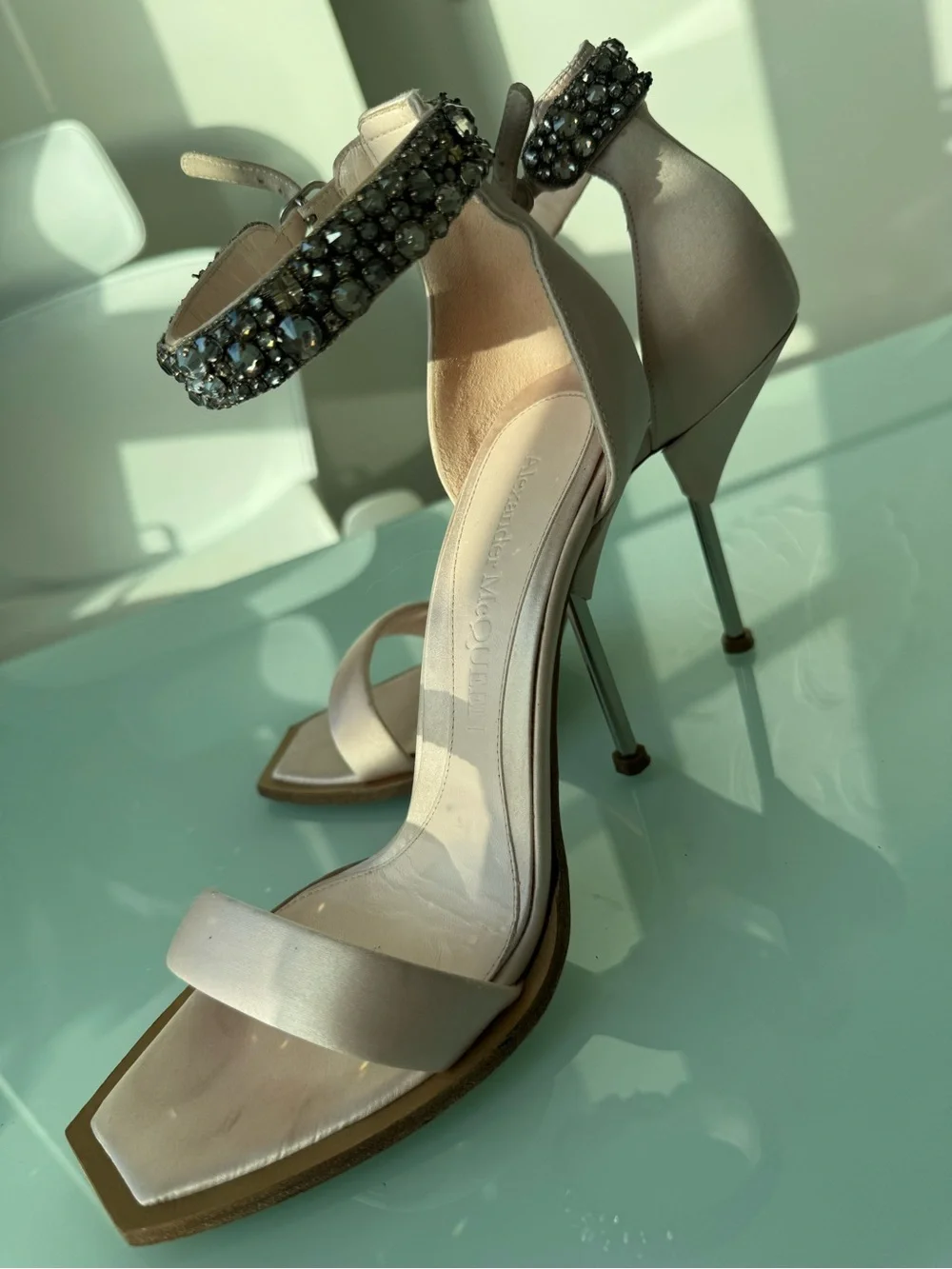 Alexander McQueen Blush Nude Satin Stiletto Sandals with Crystal Ankle Straps